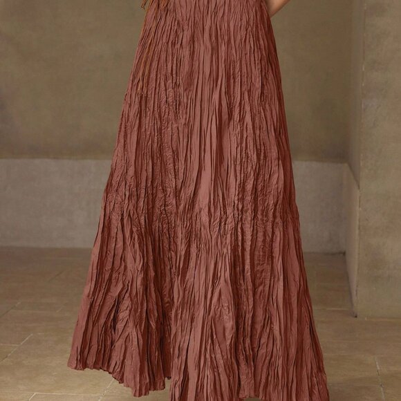 Orange Elegant Women's Premium High Waist Plisse Maxi Skirt - Picture 6 of 7